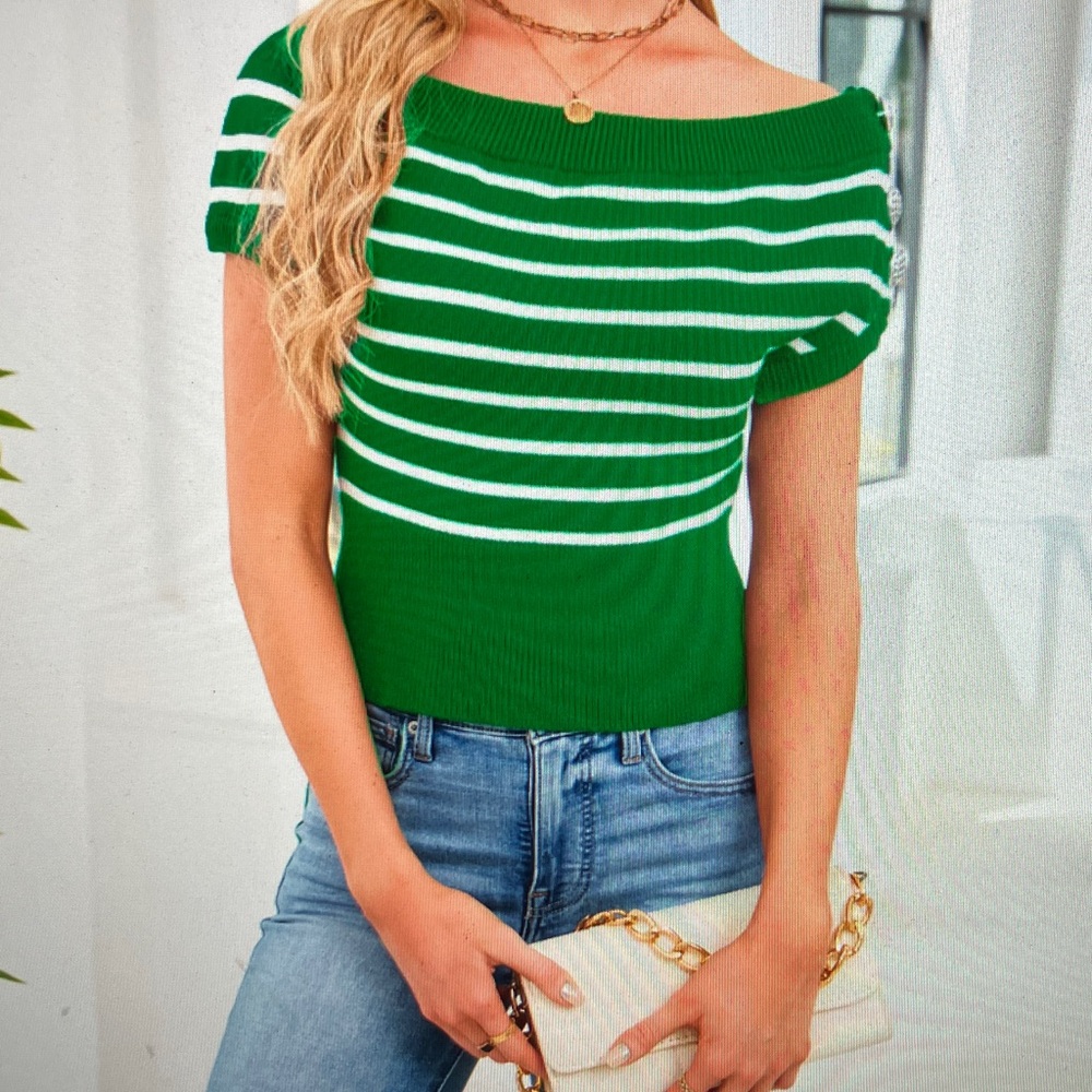 Green Striped Off-Shoulder Sweater - Picture 3 of 4